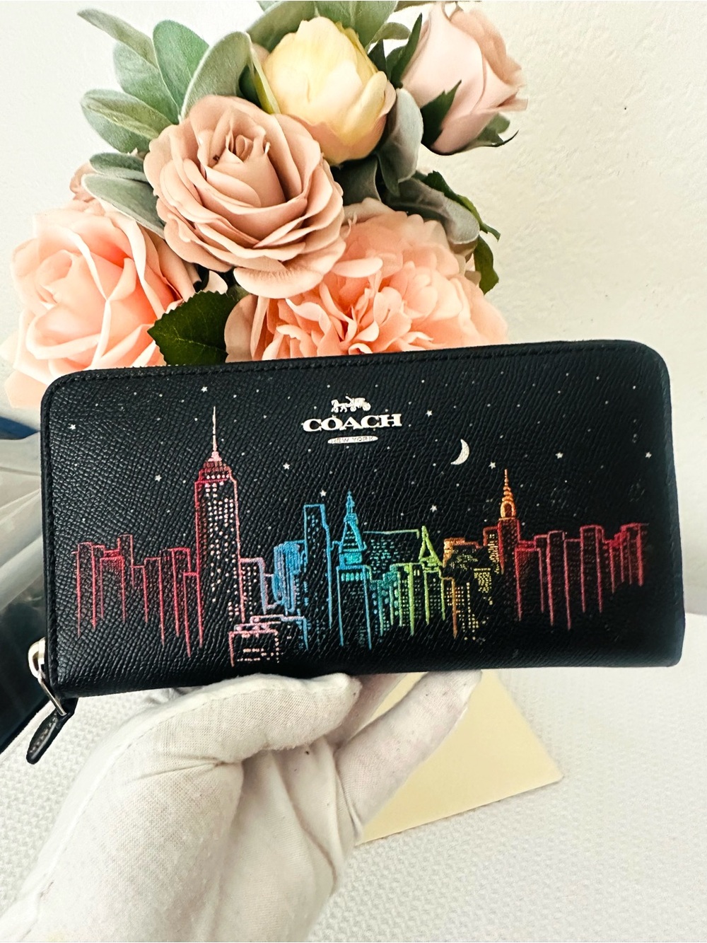 Coach Black Zip-Around Wallet with Rainbow Skyline Print